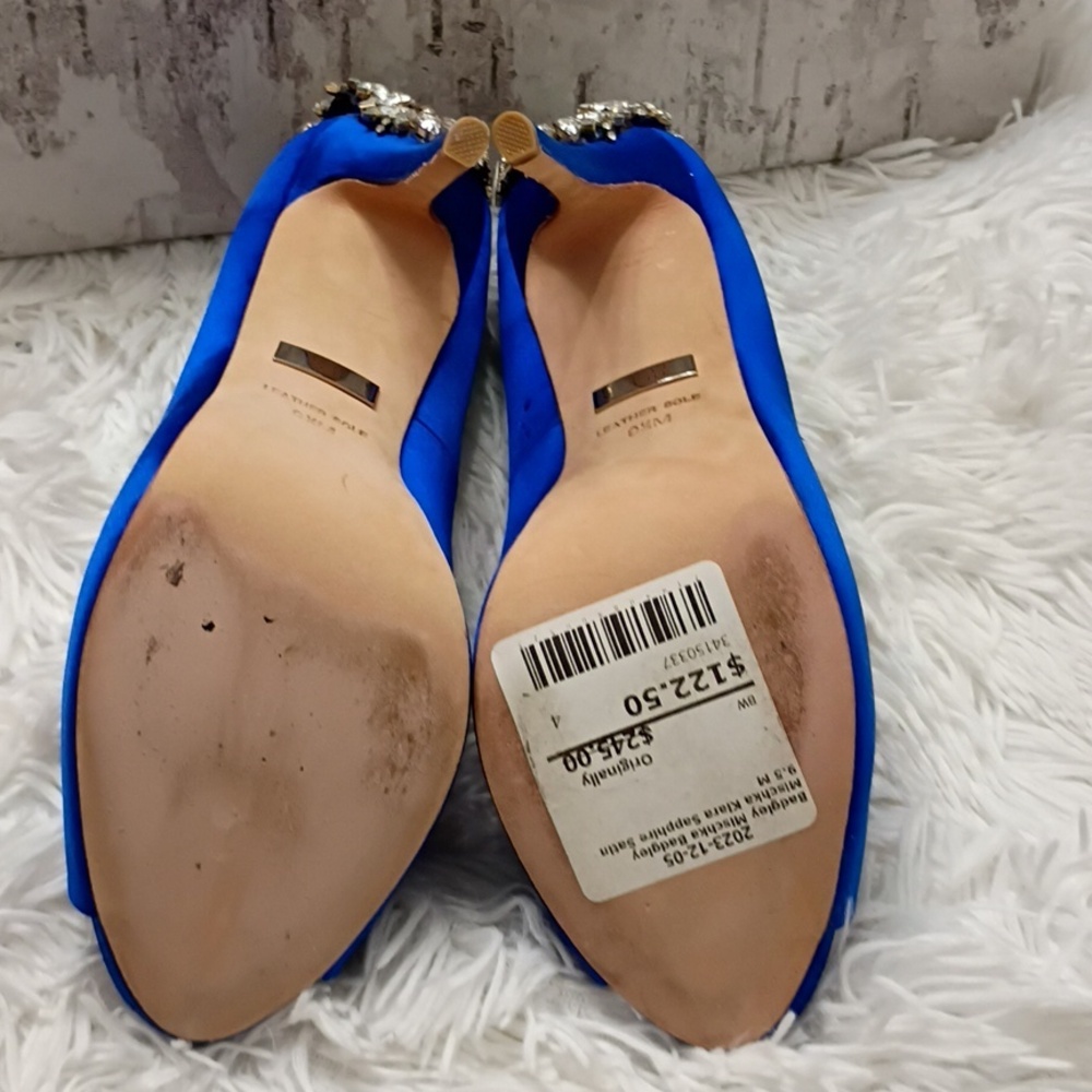 Badgley Mischka Kiarra Saphire Blue Satin Crystal-Back Peep-Toe Heels 9.5M - Picture 14 of 16